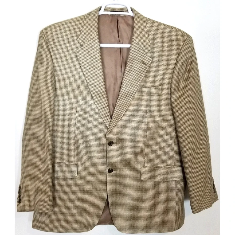 Chaps Men 100% Silk Houndstooth Blazer Jacket Sz 42 R‎ Beige Brown Sport Coat